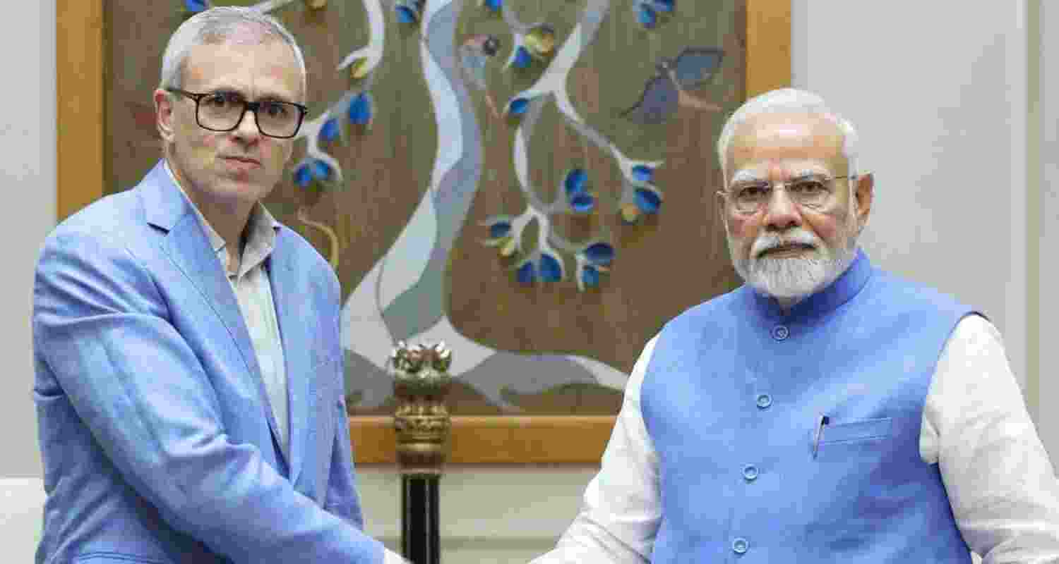 Prime Minister Narendra Modi greets Jammu and Kashmir Chief Minister Omar Abdullah on his 56th birthday. Prime Minister Narendra Modi greets Jammu and Kashmir Chief Minister Omar Abdullah on his 56th birthday.