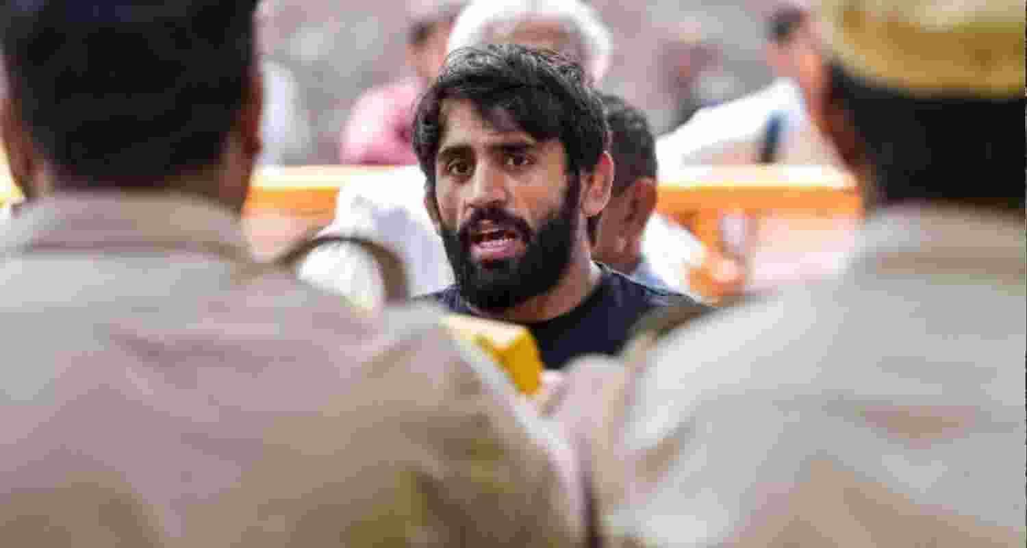 Olympic medallist Bajrang Punia during protest. Olympic medallist Bajrang Punia during protest.