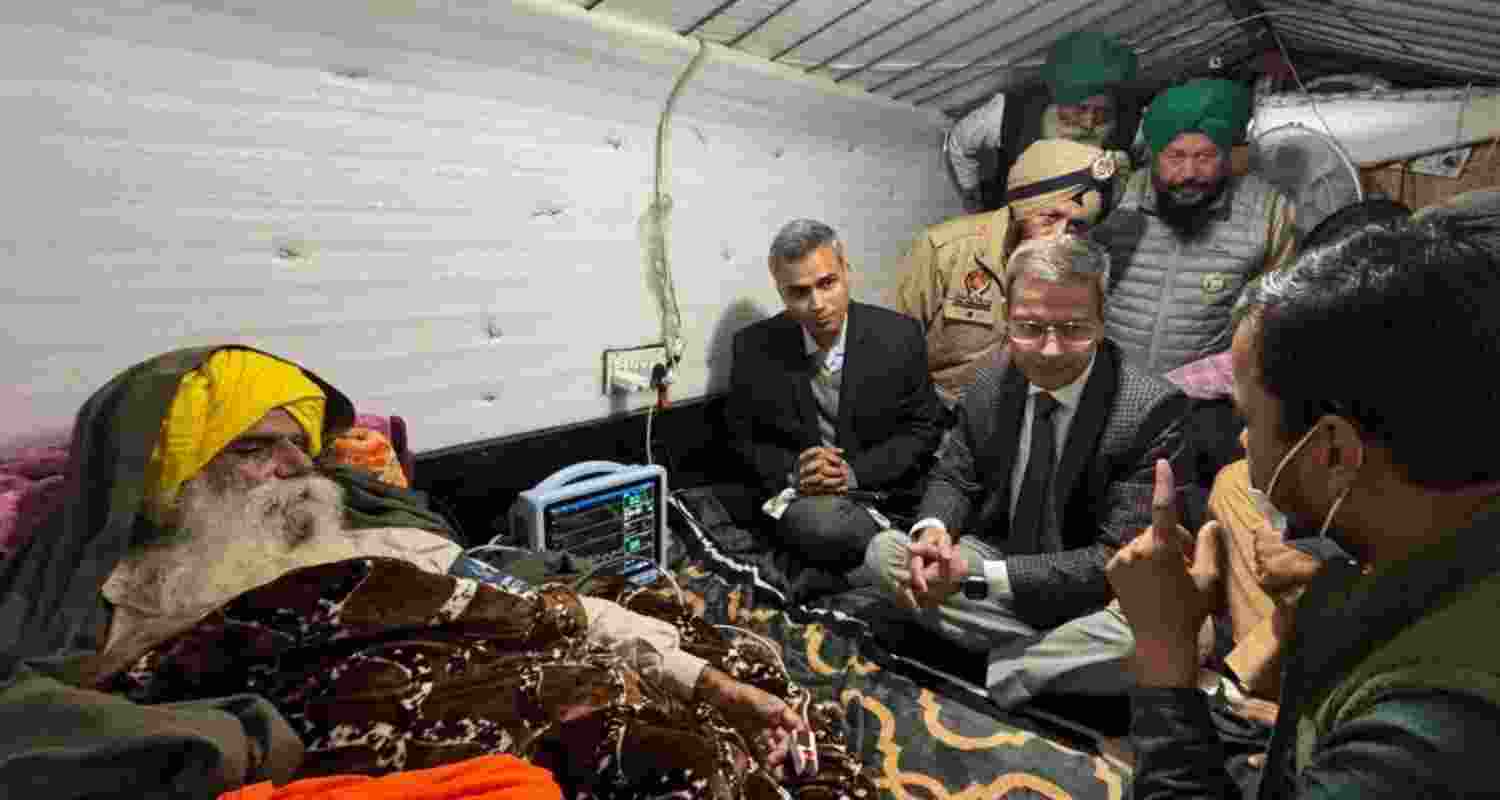 Punjab DGP Gaurav Yadav and Union Home Ministry Director Mayank Mishra met with farmer leader Jagjit Singh Dallewal at the Khanauri border on Sunday. Punjab DGP Gaurav Yadav and Union Home Ministry Director Mayank Mishra met with farmer leader Jagjit Singh Dallewal at the Khanauri border on Sunday.