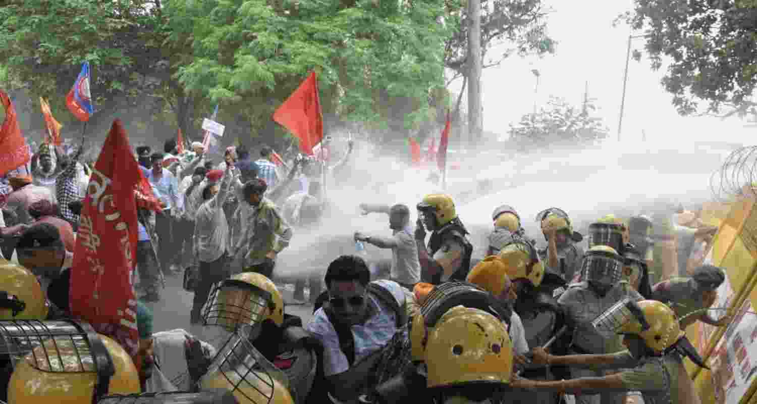 Punjab employees and pensioners take part in a mega protest rally against the state government in Chandigarh on Friday. Punjab employees and pensioners take part in a mega protest rally against the state government in Chandigarh on Friday.