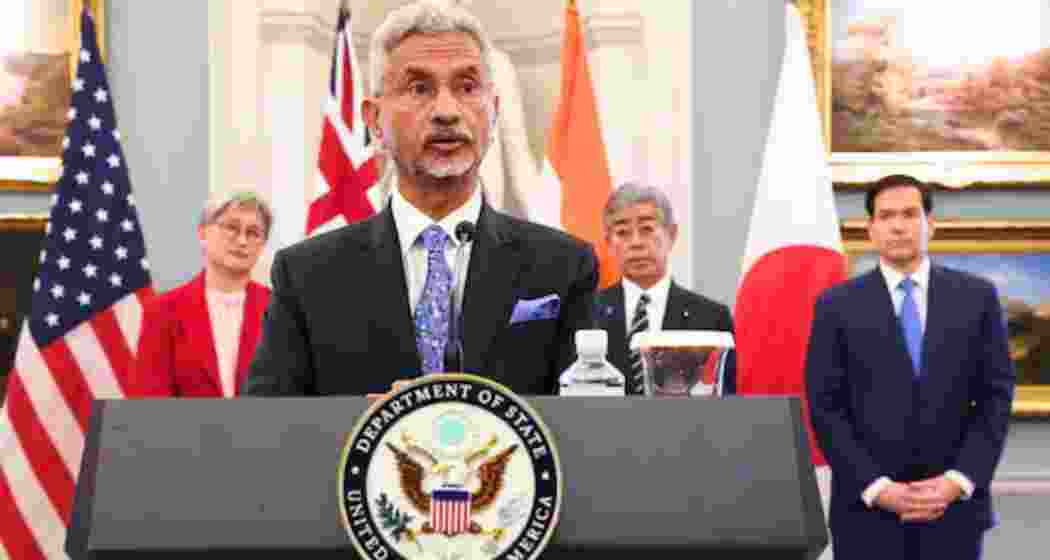 External Affairs Minister S Jaishankar addresses the Quad meeting in Washington as Penny Wong, Takeshi Iwaya, and Marco Rubio stand beside him at the State Department on Tuesday. External Affairs Minister S Jaishankar addresses the Quad meeting in Washington as Penny Wong, Takeshi Iwaya, and Marco Rubio stand beside him at the State Department on Tuesday.