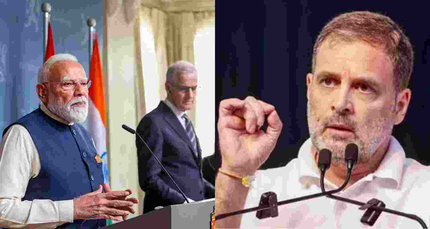 PM Narendra Modi and Norway Prime Minister Jonas Gahr Støre address a joint press conference after bilateral talks, in Oslo, Norway (left) and Leader of Opposition in Lok Sabha Rahul Gandhi. PM Narendra Modi and Norway Prime Minister Jonas Gahr Støre address a joint press conference after bilateral talks, in Oslo, Norway (left) and Leader of Opposition in Lok Sabha Rahul Gandhi.