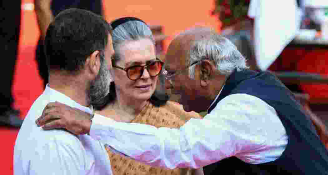 Congress President Mallikarjun Kharge, Congress Parliamentary Party Chairperson Sonia Gandhi and Lok Sabha LoP and party MP Rahul Gandhi in New Delhi on Monday. Congress President Mallikarjun Kharge, Congress Parliamentary Party Chairperson Sonia Gandhi and Lok Sabha LoP and party MP Rahul Gandhi in New Delhi on Monday.