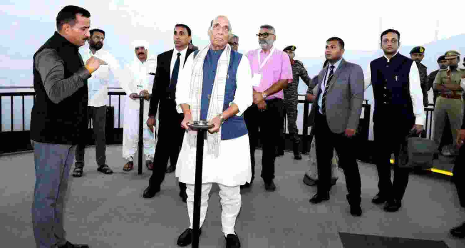 Defence Minister Rajnath Singh visits Smritivan Earthquake Memorial and Museum in Bhuj, on Friday. Defence Minister Rajnath Singh visits Smritivan Earthquake Memorial and Museum in Bhuj, on Friday.