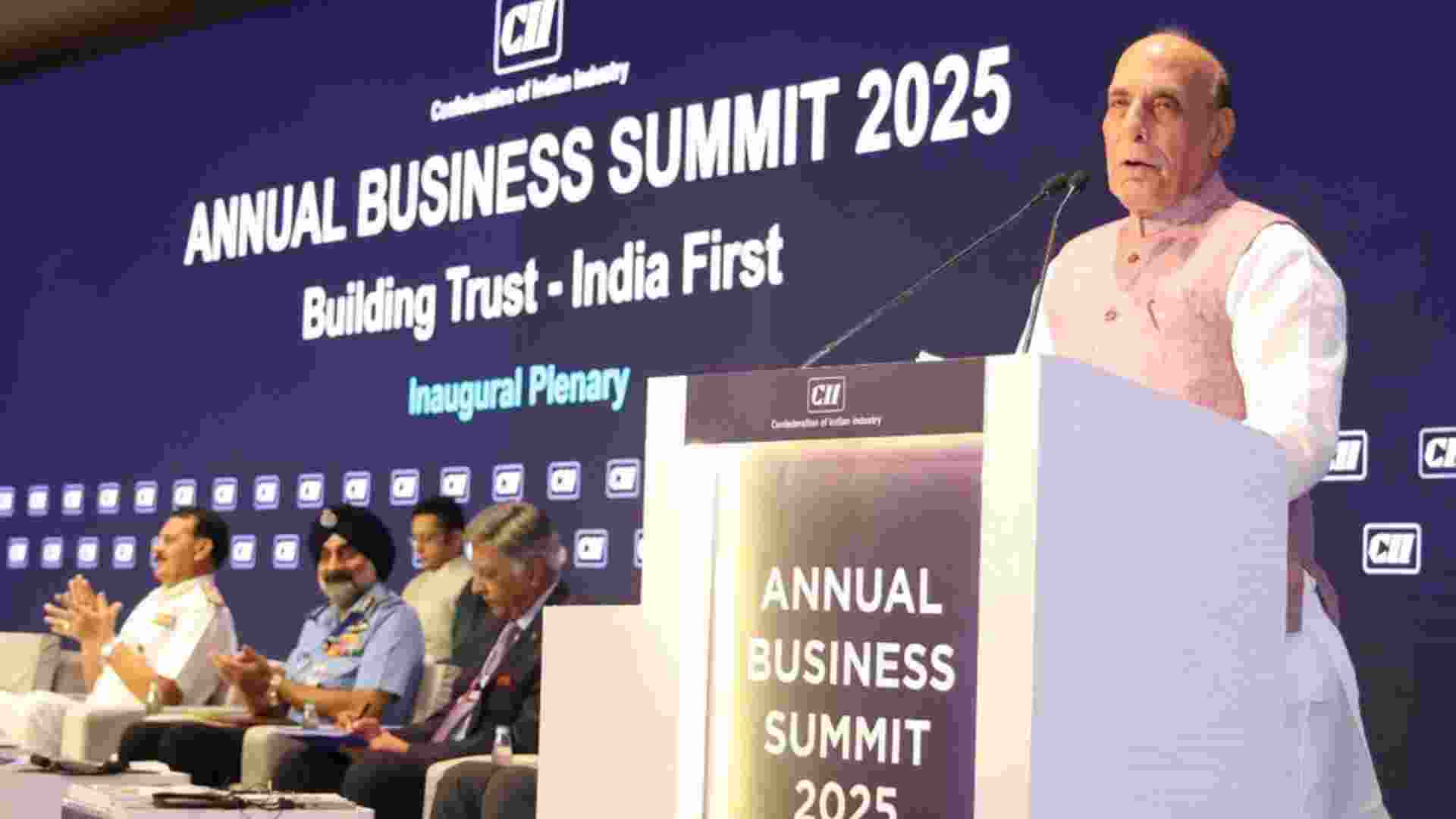 Defence Minister Rajnath Singh addresses the inaugural plenary of the Confederation of Indian Industry. Defence Minister Rajnath Singh addresses the inaugural plenary of the Confederation of Indian Industry.