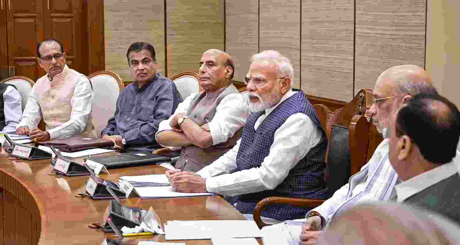 Prime Minister Narendra Modi with Defence Minister Rajnath Singh, Union Home Minister Amit Shah, Union Ministers Nitin Gadkari, Shivraj Singh Chouhan and others during a Cabinet meeting following 'Operation Sindoor', in New Delhi. Prime Minister Narendra Modi with Defence Minister Rajnath Singh, Union Home Minister Amit Shah, Union Ministers Nitin Gadkari, Shivraj Singh Chouhan and others during a Cabinet meeting following 'Operation Sindoor', in New Delhi.