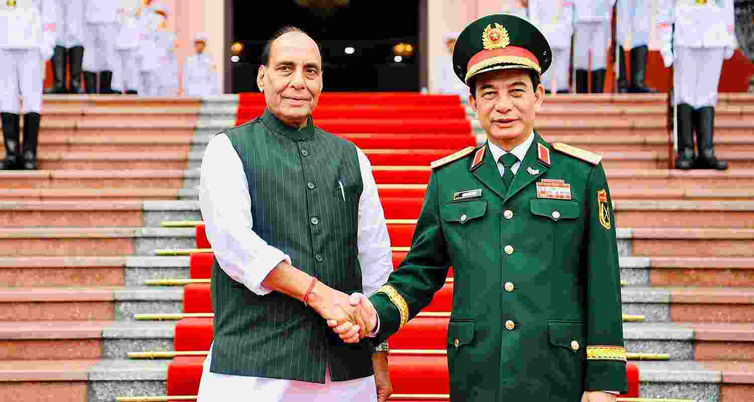 Defence Minister Rajnath Singh meeting his Vietnamese counterpart, General Phan Van Giang, in Hanoi on Tuesday. Defence Minister Rajnath Singh meeting his Vietnamese counterpart, General Phan Van Giang, in Hanoi on Tuesday.