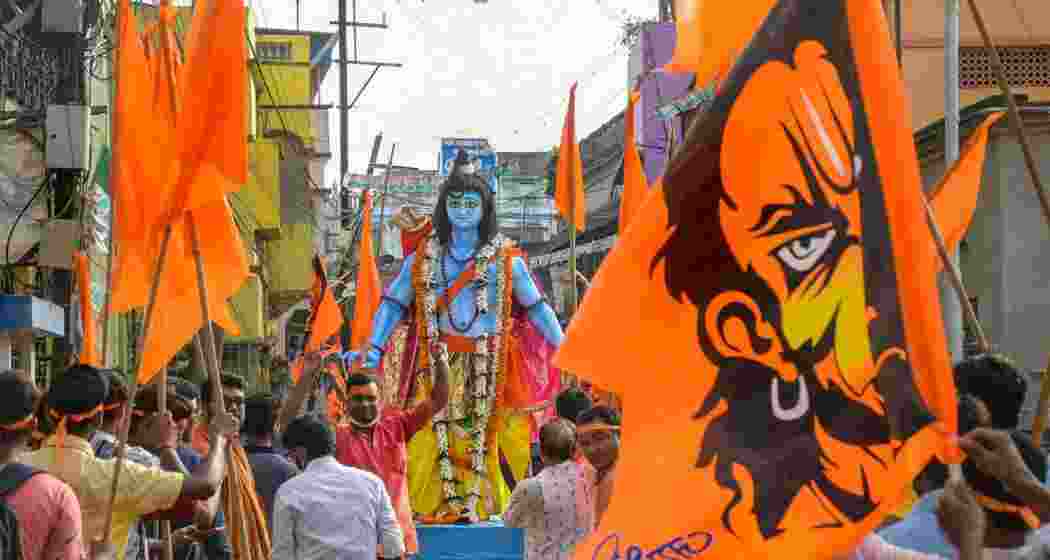 Devotees during a procession marking Ram Navami. Devotees during a procession marking Ram Navami.