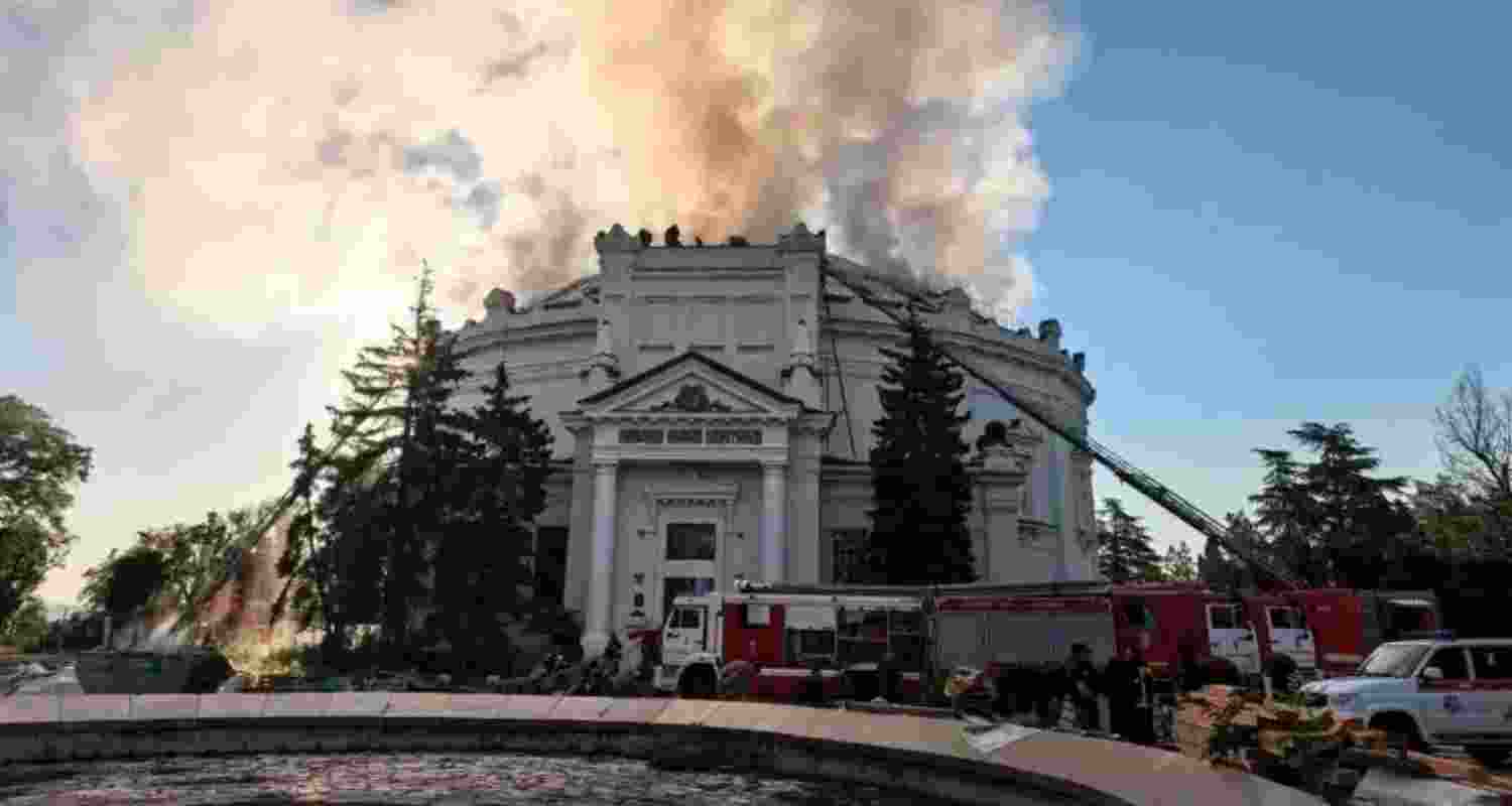 Firefighters putting out a fire after a Ukrainian drone attack hit the building of "Defence of Sevastopol 1854–1855" Panorama in Sevastopol, Crimea. Firefighters putting out a fire after a Ukrainian drone attack hit the building of "Defence of Sevastopol 1854–1855" Panorama in Sevastopol, Crimea.