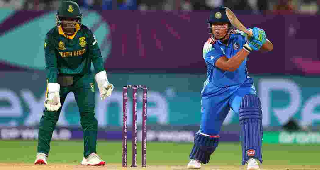 Indian batter Richa Ghosh plays a powerful shot against South Africa during the Women’s World Cup match at ACA-VDCA Stadium. Indian batter Richa Ghosh plays a powerful shot against South Africa during the Women’s World Cup match at ACA-VDCA Stadium.