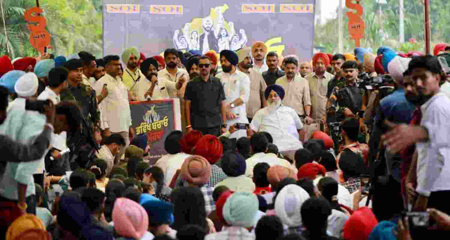 SAD president Sukhbir Singh Badal addresses students during the ‘Bhavikh Bachao Morcha’ protest against alleged exam paper leaks outside Punjabi University in Patiala on Thursday. SAD president Sukhbir Singh Badal addresses students during the ‘Bhavikh Bachao Morcha’ protest against alleged exam paper leaks outside Punjabi University in Patiala on Thursday.