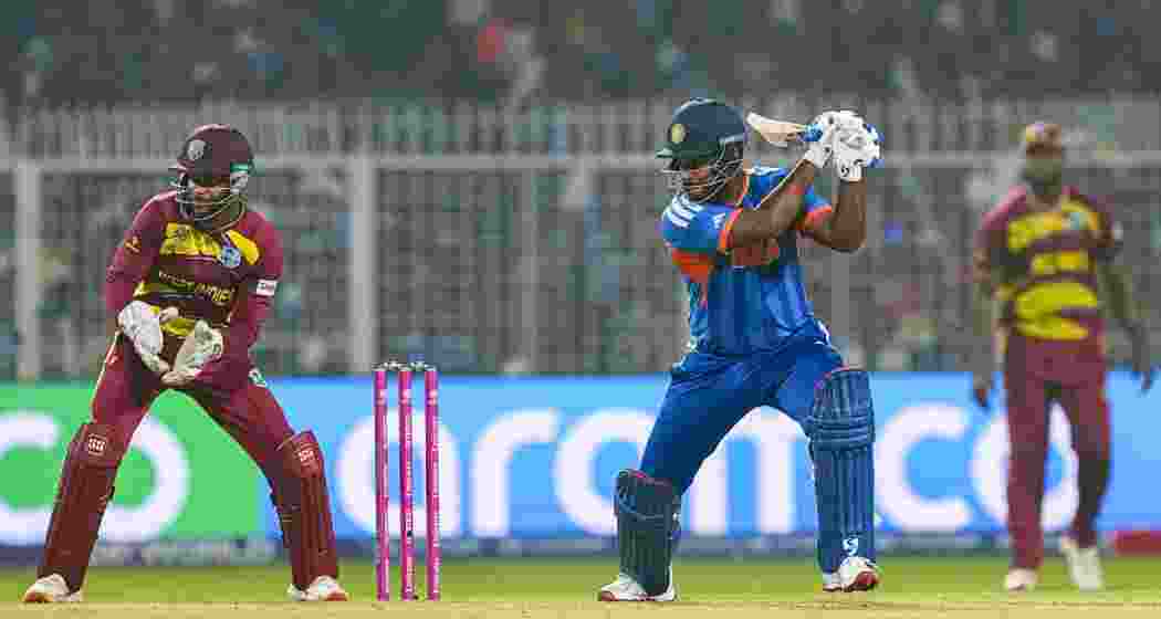 India's Sanju Samson plays a shot during an ICC Men's T20 World Cup 2026 cricket match between India and West Indies, at the Eden Gardens, in Kolkata, West Bengal on Sunday. India's Sanju Samson plays a shot during an ICC Men's T20 World Cup 2026 cricket match between India and West Indies, at the Eden Gardens, in Kolkata, West Bengal on Sunday.