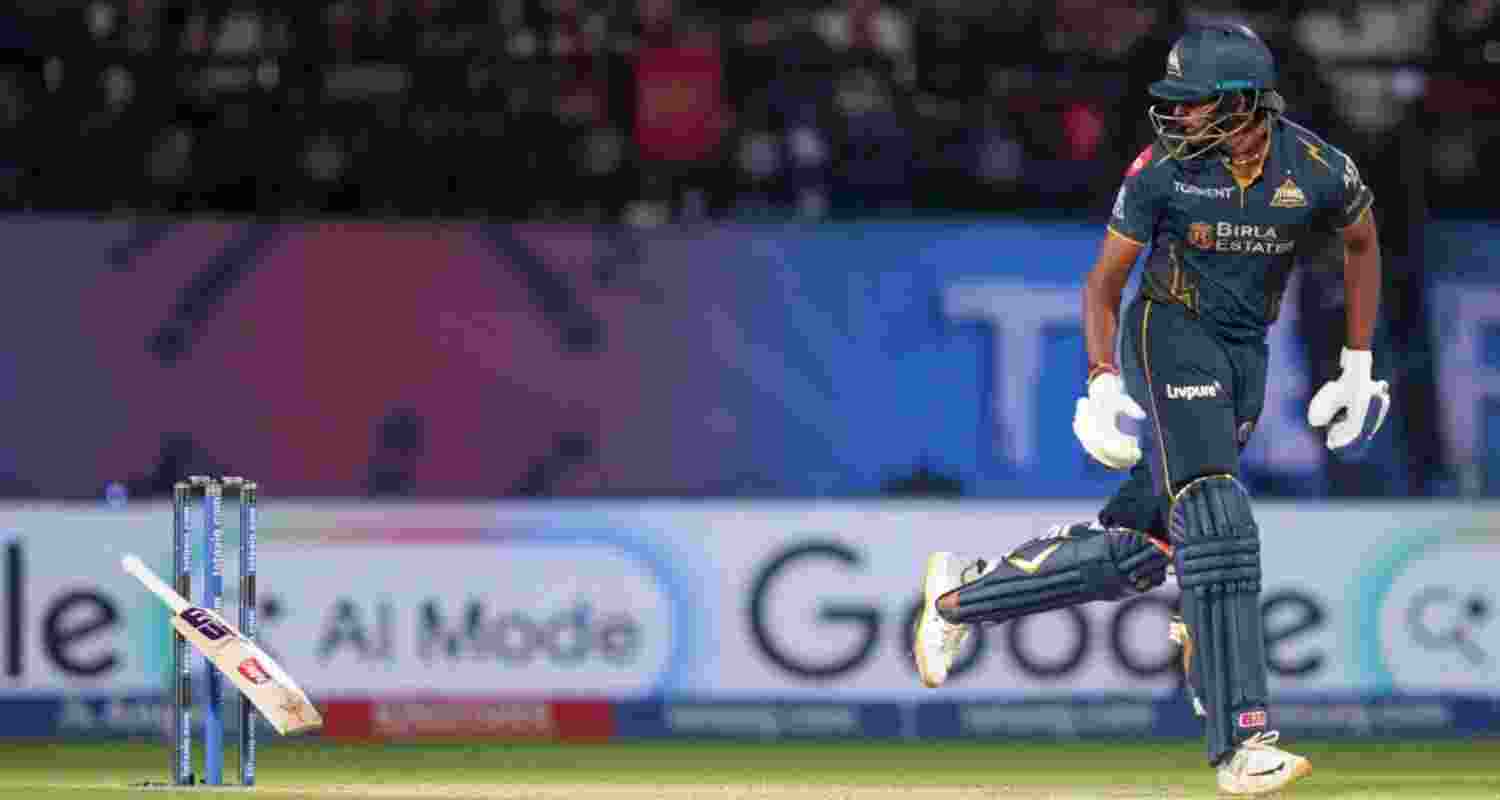 As Sai Sudharsan completed the shot, the bat slipped dramatically from his hands, flew behind him and cannoned into the stumps. As Sai Sudharsan completed the shot, the bat slipped dramatically from his hands, flew behind him and cannoned into the stumps.
