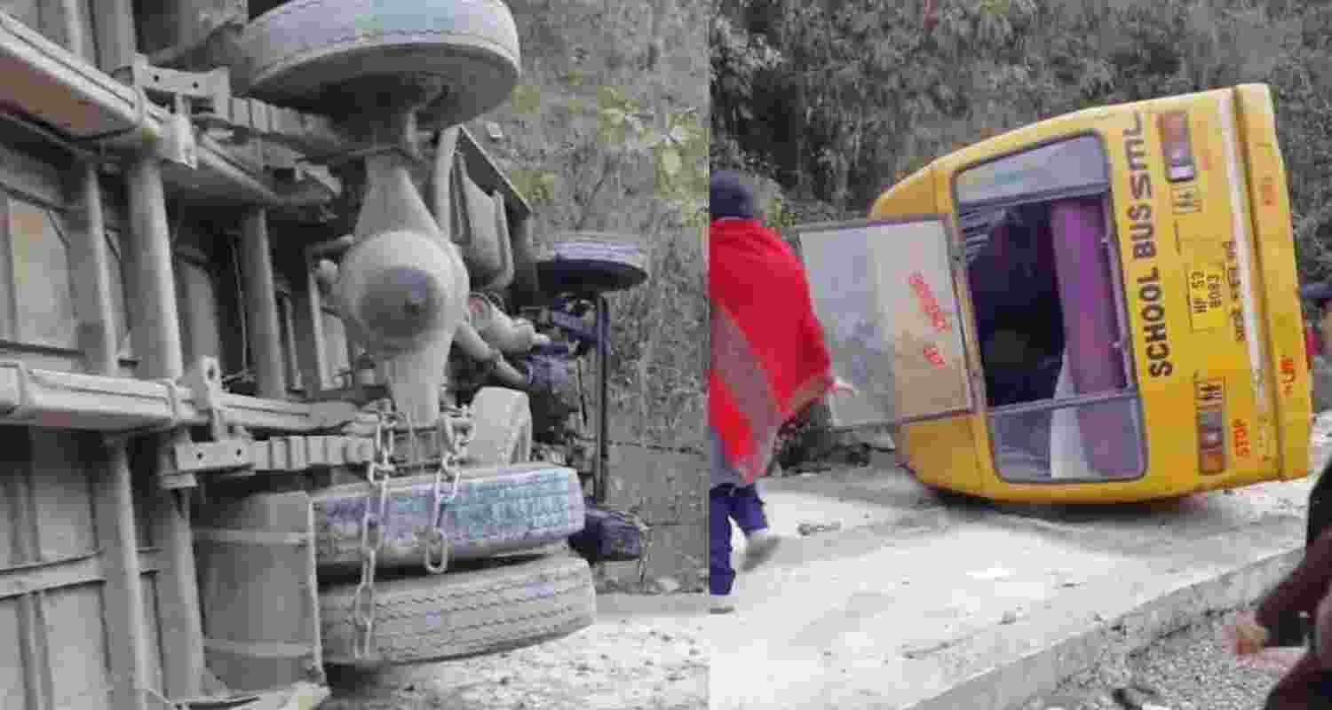 School bus carrying students overturns in Jaisinghpur, Kangra. School bus carrying students overturns in Jaisinghpur, Kangra.