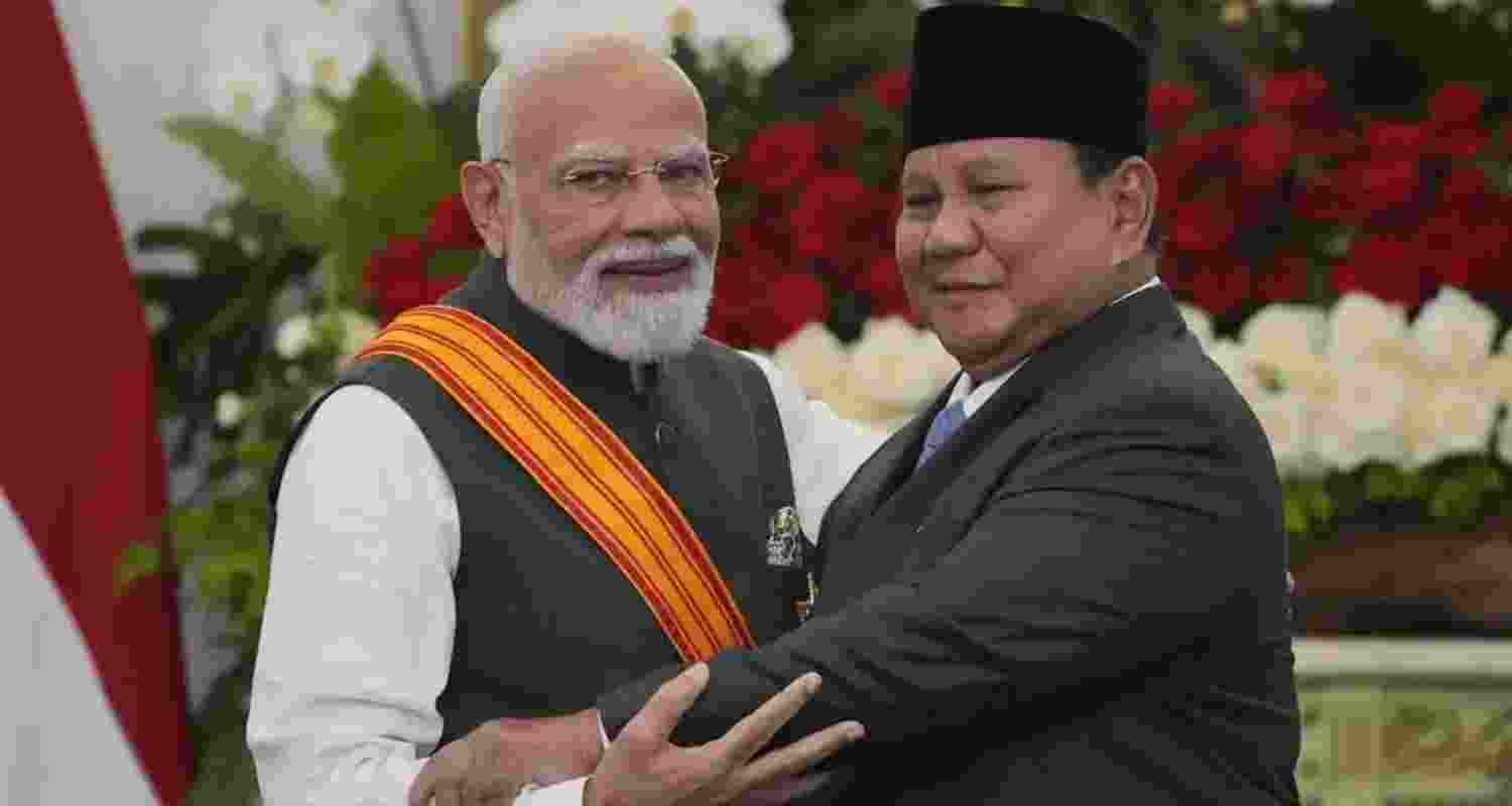 Prime Minister Narendra Modi with Indonesia's President Prabowo Subianto in Jakarta on Tuesday. Prime Minister Narendra Modi with Indonesia's President Prabowo Subianto in Jakarta on Tuesday.
