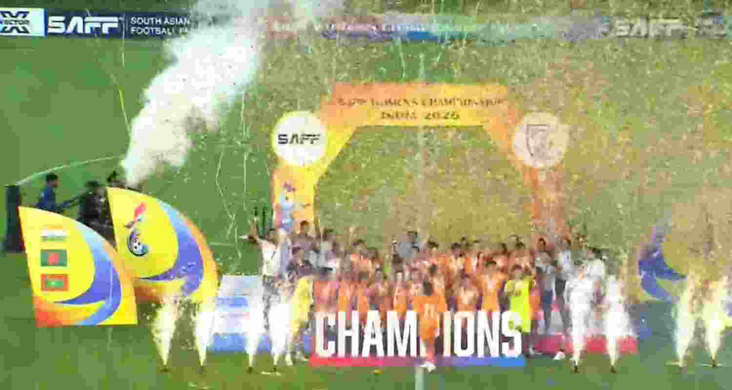 The Indian women's football team celebrating with the trophy in Margao on Saturday. The Indian women's football team celebrating with the trophy in Margao on Saturday.