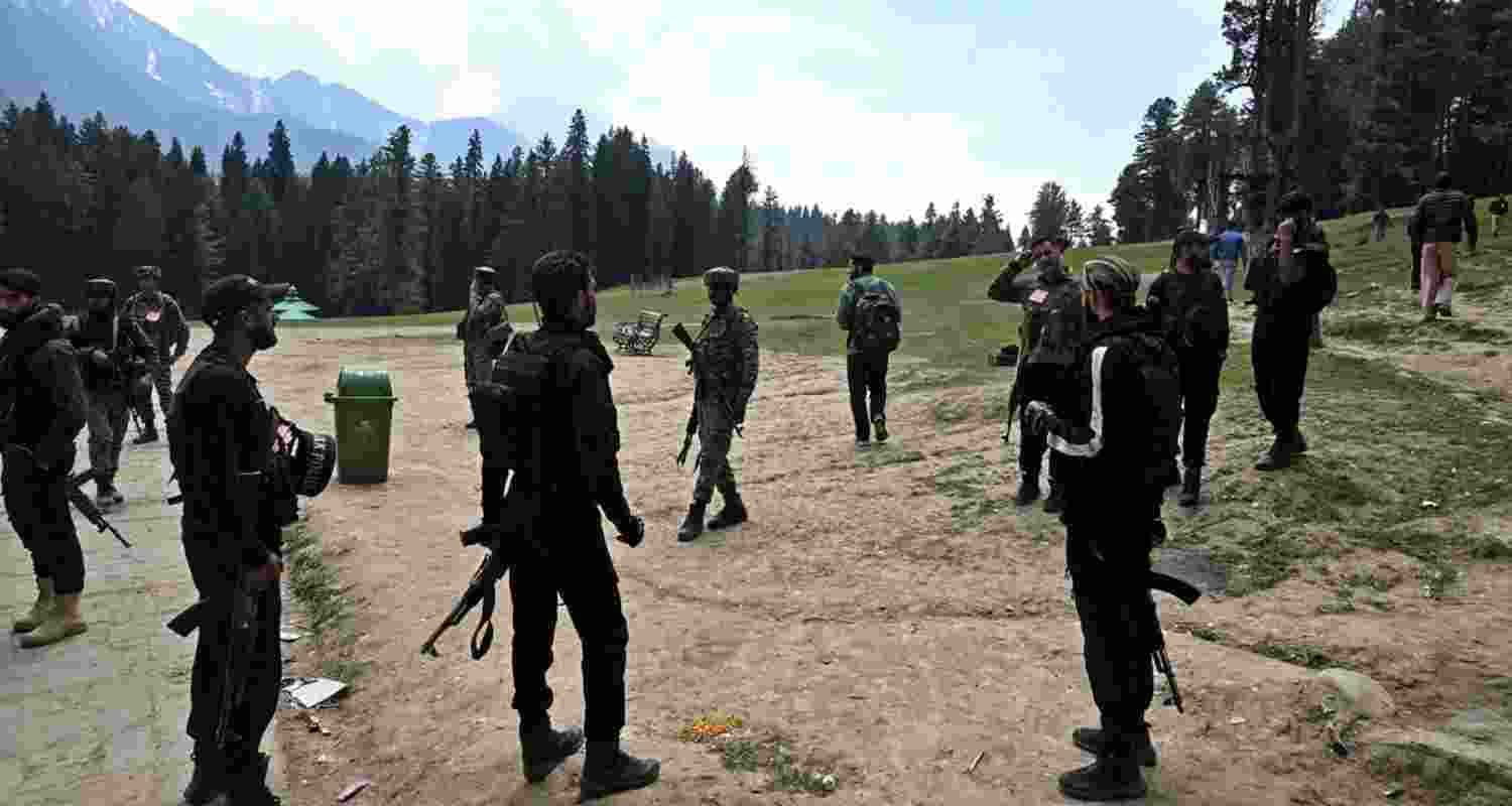 Security forces at the site of the terror attack in Pahalgam in this file photo. Security forces at the site of the terror attack in Pahalgam in this file photo.