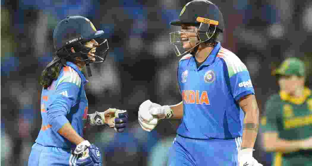 India's Shafali Verma, right, celebrates her half century with Jemimah Rodrigues during the ICC Women's World Cup final ODI cricket match between India Women and South Africa Women, at the DY Patil Stadium, in Navi Mumbai on Sunday. India's Shafali Verma, right, celebrates her half century with Jemimah Rodrigues during the ICC Women's World Cup final ODI cricket match between India Women and South Africa Women, at the DY Patil Stadium, in Navi Mumbai on Sunday.