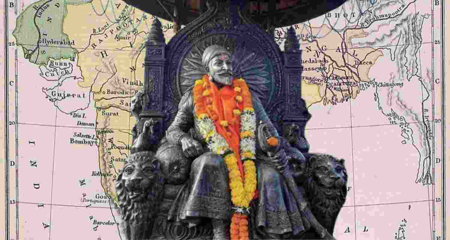 An idol of Shivaji Maharaj superimposed on a map of the Maratha empire. An idol of Shivaji Maharaj superimposed on a map of the Maratha empire.