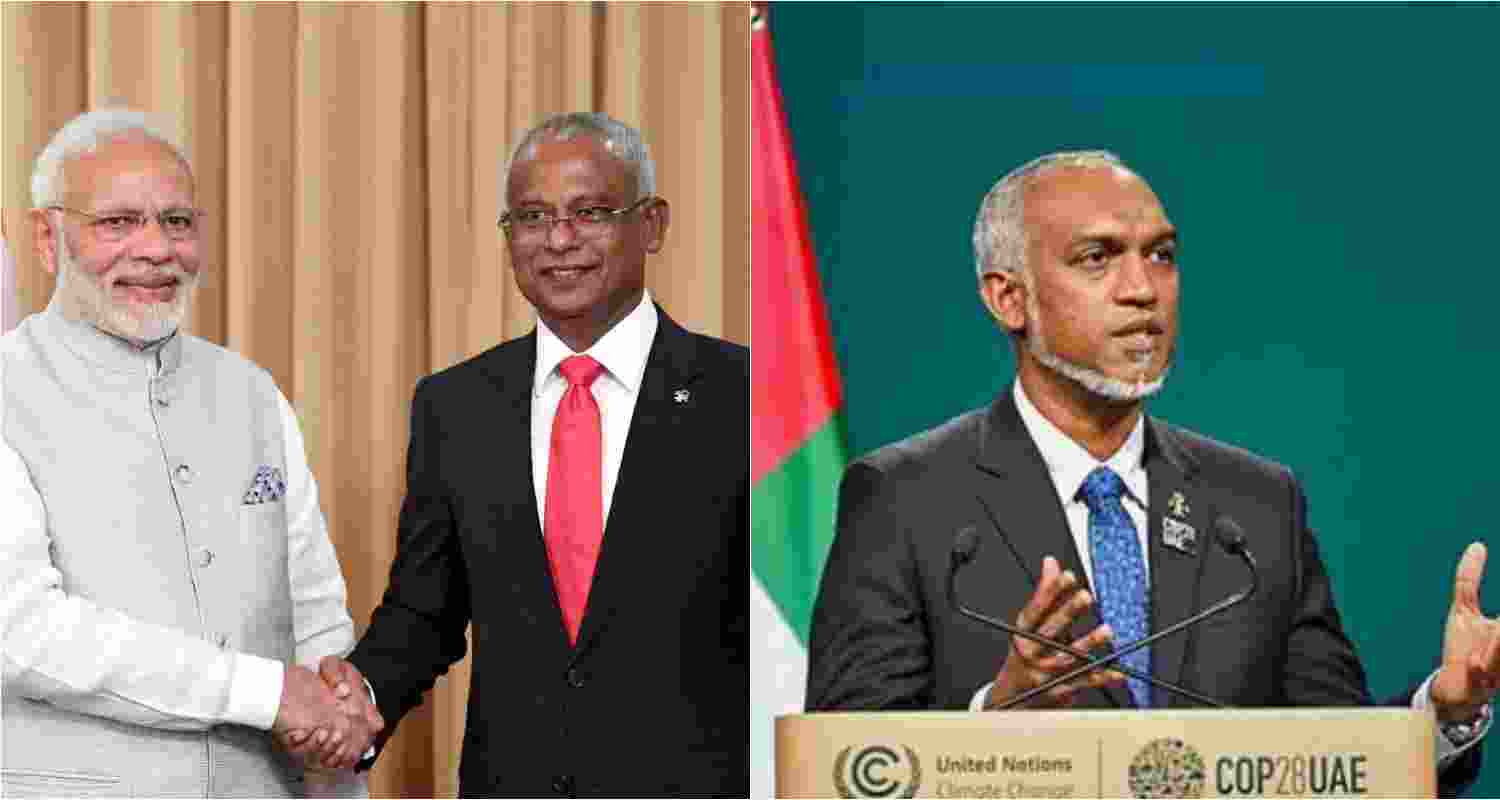 Prime Minister Narendra Modi with Former Maldives President Ibrahim Mohamed Solih (left), Maldives President Mohamed Muizzu. Prime Minister Narendra Modi with Former Maldives President Ibrahim Mohamed Solih (left), Maldives President Mohamed Muizzu.