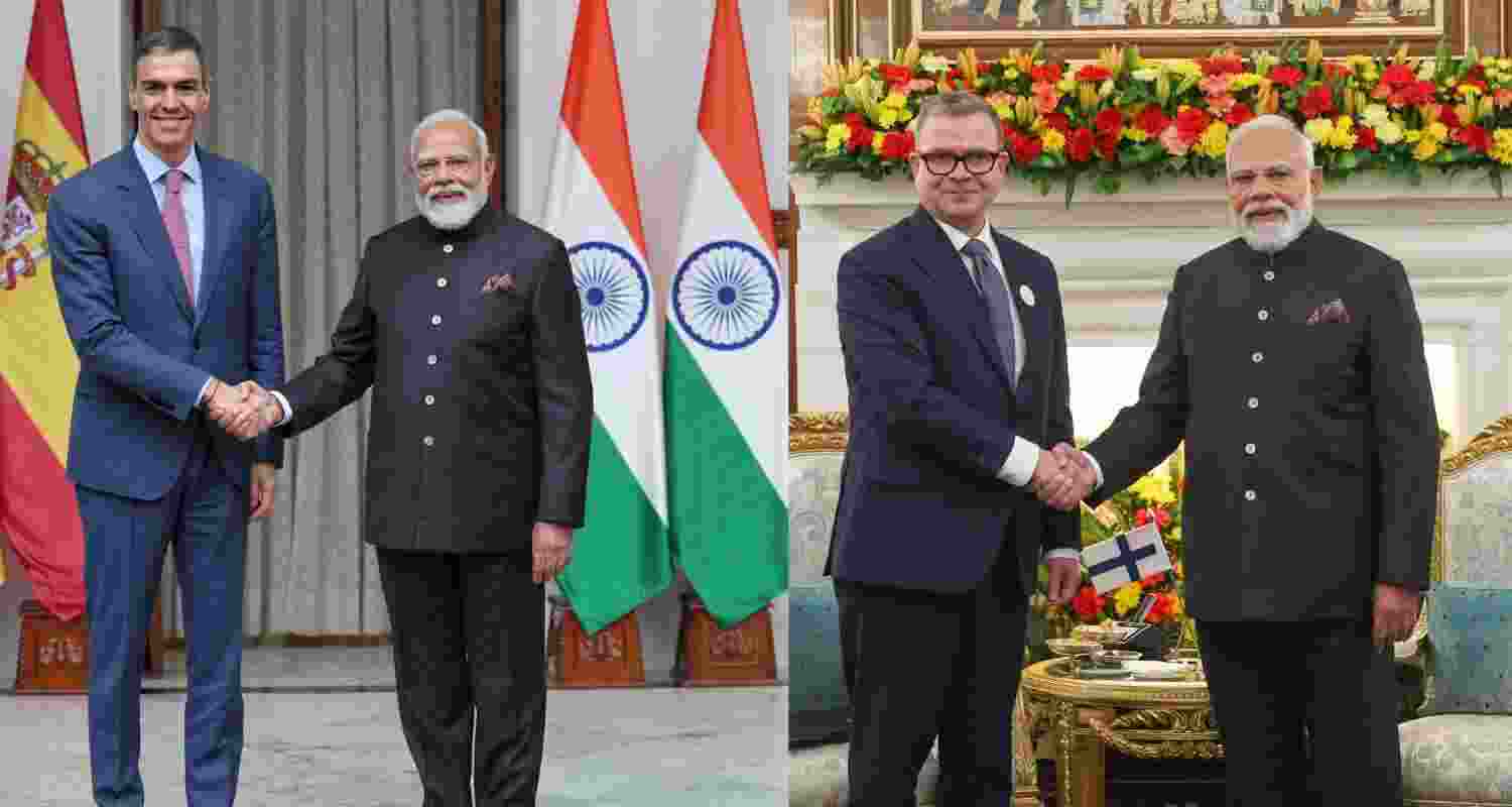 PM Modi with President of Spain, Pedro Sánchez (left) and Finland counterpart, Petteri Orpo. PM Modi with President of Spain, Pedro Sánchez (left) and Finland counterpart, Petteri Orpo.