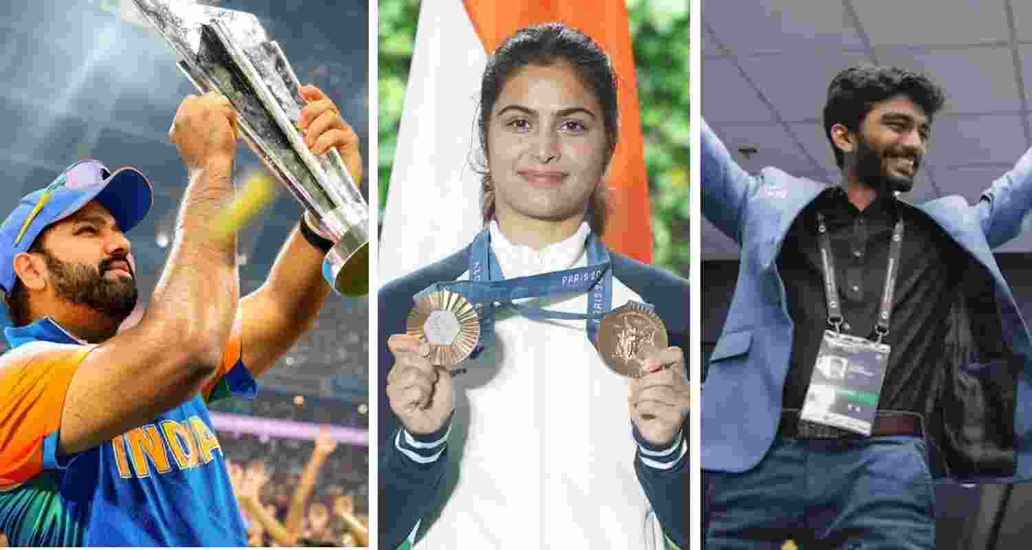 Rohit Sharma lifts the T20 World Cup trophy; Manu Bhaker poses with her Olympic medals; D Gukesh reacts after his World Chess Championship triumph. Rohit Sharma lifts the T20 World Cup trophy; Manu Bhaker poses with her Olympic medals; D Gukesh reacts after his World Chess Championship triumph.