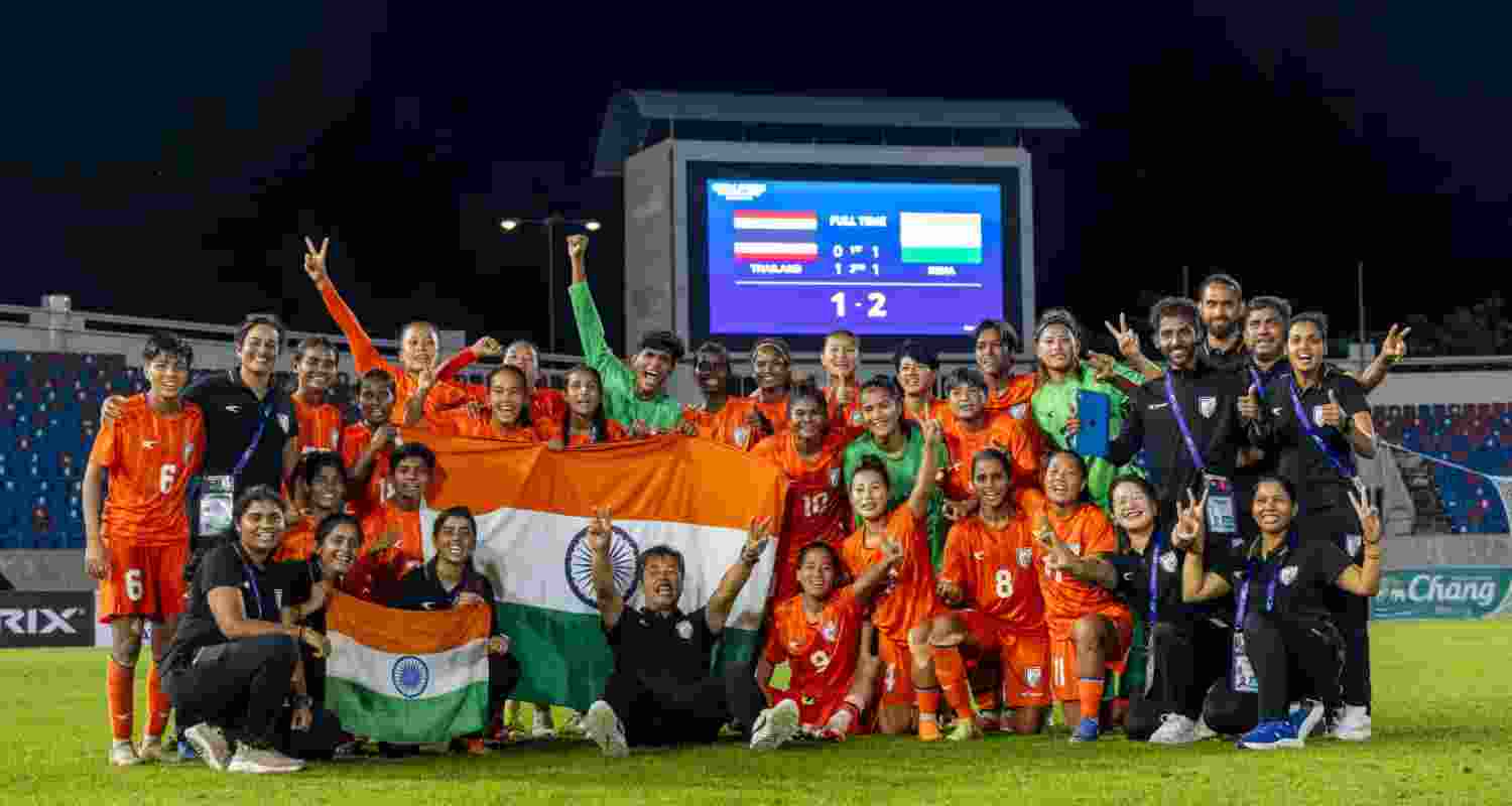 A file photo of the Indian football team after beating Thailand in AFC Women’s Asian Cup Qualifiers. A file photo of the Indian football team after beating Thailand in AFC Women’s Asian Cup Qualifiers.