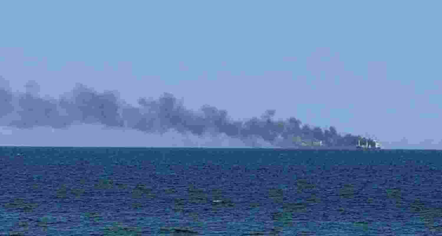 Smoke rises from a civilian vessel on fire amid Russia's attack on Ukraine in Odesa. Smoke rises from a civilian vessel on fire amid Russia's attack on Ukraine in Odesa.
