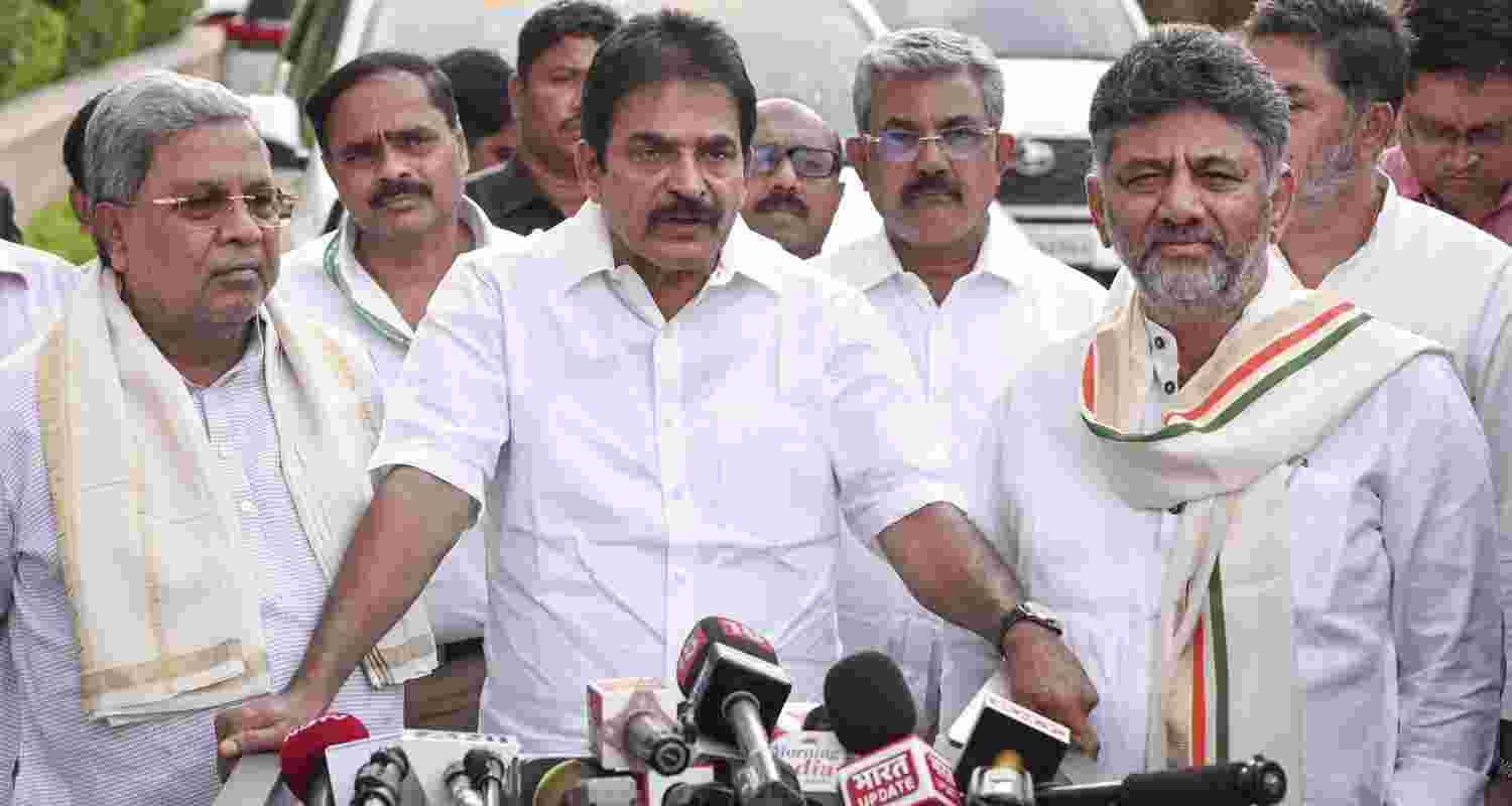Karnataka Chief Minister Siddaramaiah, Deputy CM DK Shivakumar, and Congress MP KC Venugopal speak to the media after a meeting of the Congress high command at Indira Bhawan, in New Delhi. Karnataka Chief Minister Siddaramaiah, Deputy CM DK Shivakumar, and Congress MP KC Venugopal speak to the media after a meeting of the Congress high command at Indira Bhawan, in New Delhi.