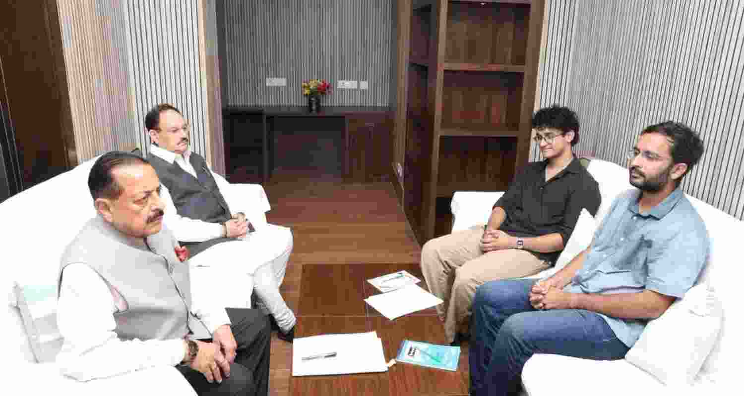Union Ministers Jitendra Singh and JP Nadda holding talks with CJP spokespersons Saurav Das and Ashutosh Ranka at the Constitutional Club in New Delhi on Saturday before the party announced its decision to call off the protest. Union Ministers Jitendra Singh and JP Nadda holding talks with CJP spokespersons Saurav Das and Ashutosh Ranka at the Constitutional Club in New Delhi on Saturday before the party announced its decision to call off the protest.