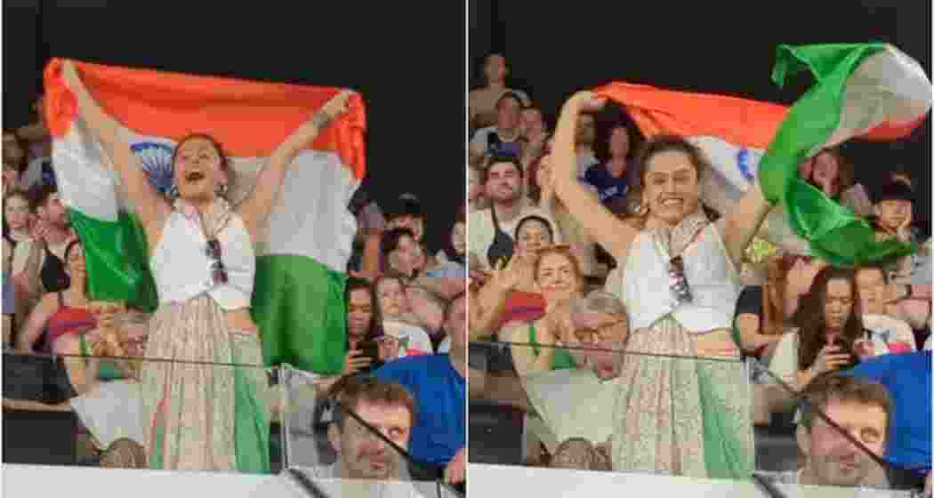 Taapsee Pannu waves Indian flag at Paris Olympics 2024. Taapsee Pannu waves Indian flag at Paris Olympics 2024.