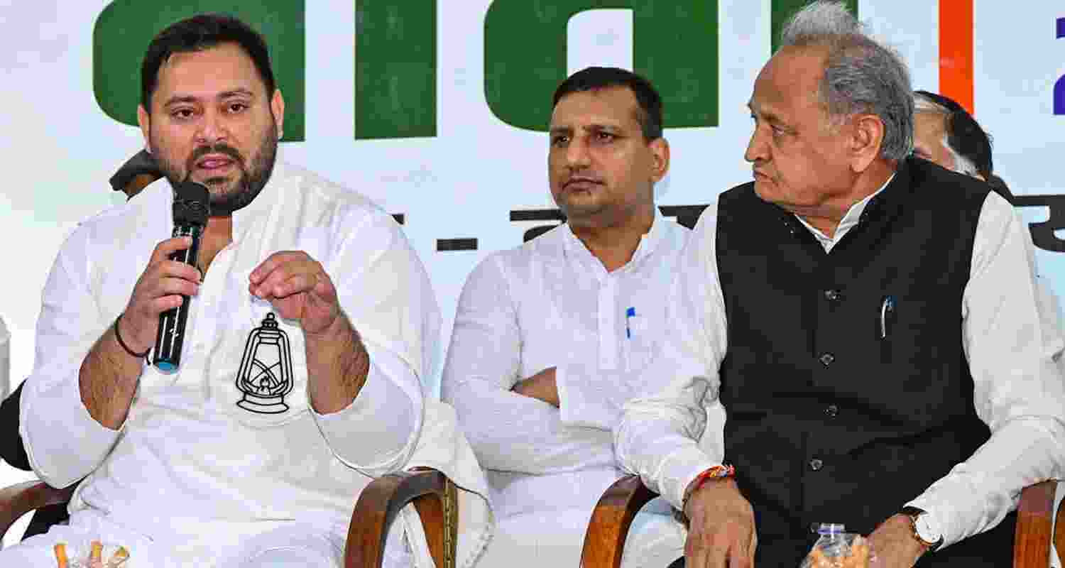 RJD leader and Leader of Opposition in Bihar Assembly Tejashwi Yadav addresses INDIA bloc press conference, in Patna, Thursday. RJD leader and Leader of Opposition in Bihar Assembly Tejashwi Yadav addresses INDIA bloc press conference, in Patna, Thursday.