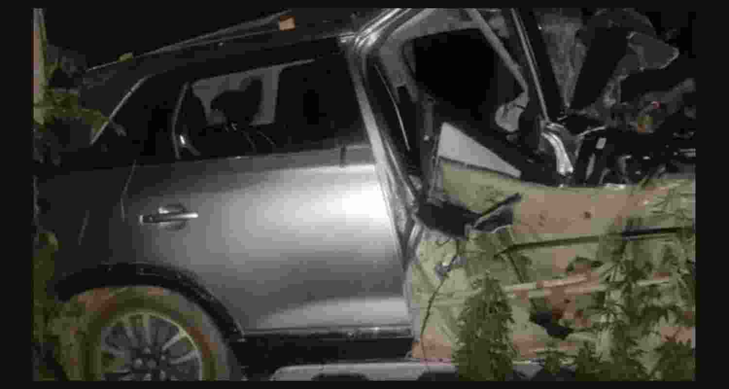 The mangled car after a head-on collision with a truck near Mokalwas village in Gurugram on Wednesday night. The mangled car after a head-on collision with a truck near Mokalwas village in Gurugram on Wednesday night.