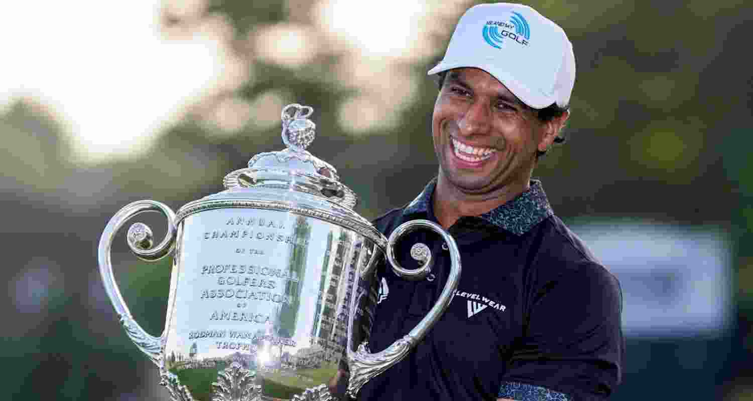 Aaron Rai with the PGA Championship trophy. Aaron Rai with the PGA Championship trophy.