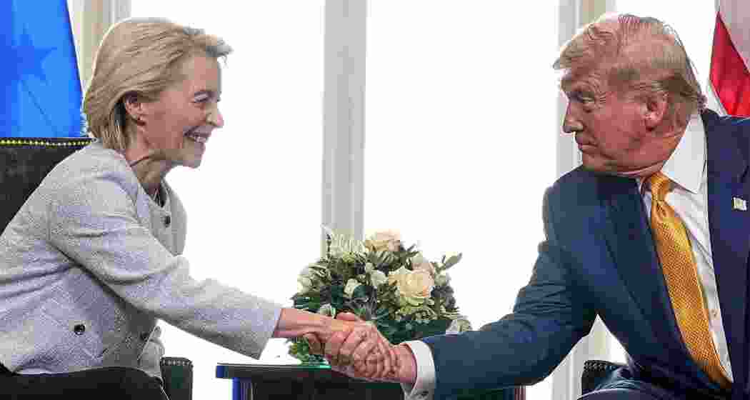 President Donald Trump and European Commission President Ursula von der Leyen shake hands after reaching a trade deal at the Trump Turnberry golf course. President Donald Trump and European Commission President Ursula von der Leyen shake hands after reaching a trade deal at the Trump Turnberry golf course.