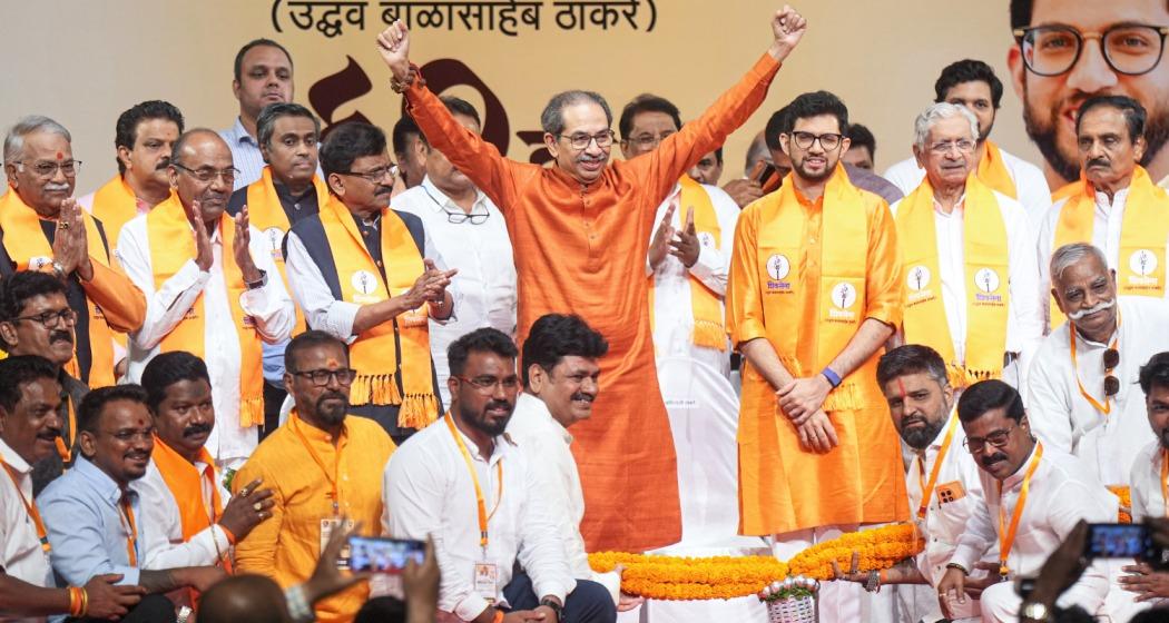 Shiv Sena (UBT) chief Uddhav Thackeray with party workers during the party's 60th Foundation Day celebrations, in Mumbai, Maharashtra, on Friday. Shiv Sena (UBT) chief Uddhav Thackeray with party workers during the party's 60th Foundation Day celebrations, in Mumbai, Maharashtra, on Friday.