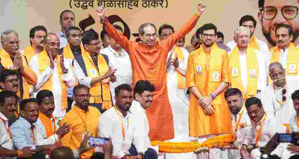 Shiv Sena (UBT) chief Uddhav Thackeray with party workers during the party's 60th Foundation Day celebrations, in Mumbai, Maharashtra, on Friday. Shiv Sena (UBT) chief Uddhav Thackeray with party workers during the party's 60th Foundation Day celebrations, in Mumbai, Maharashtra, on Friday.