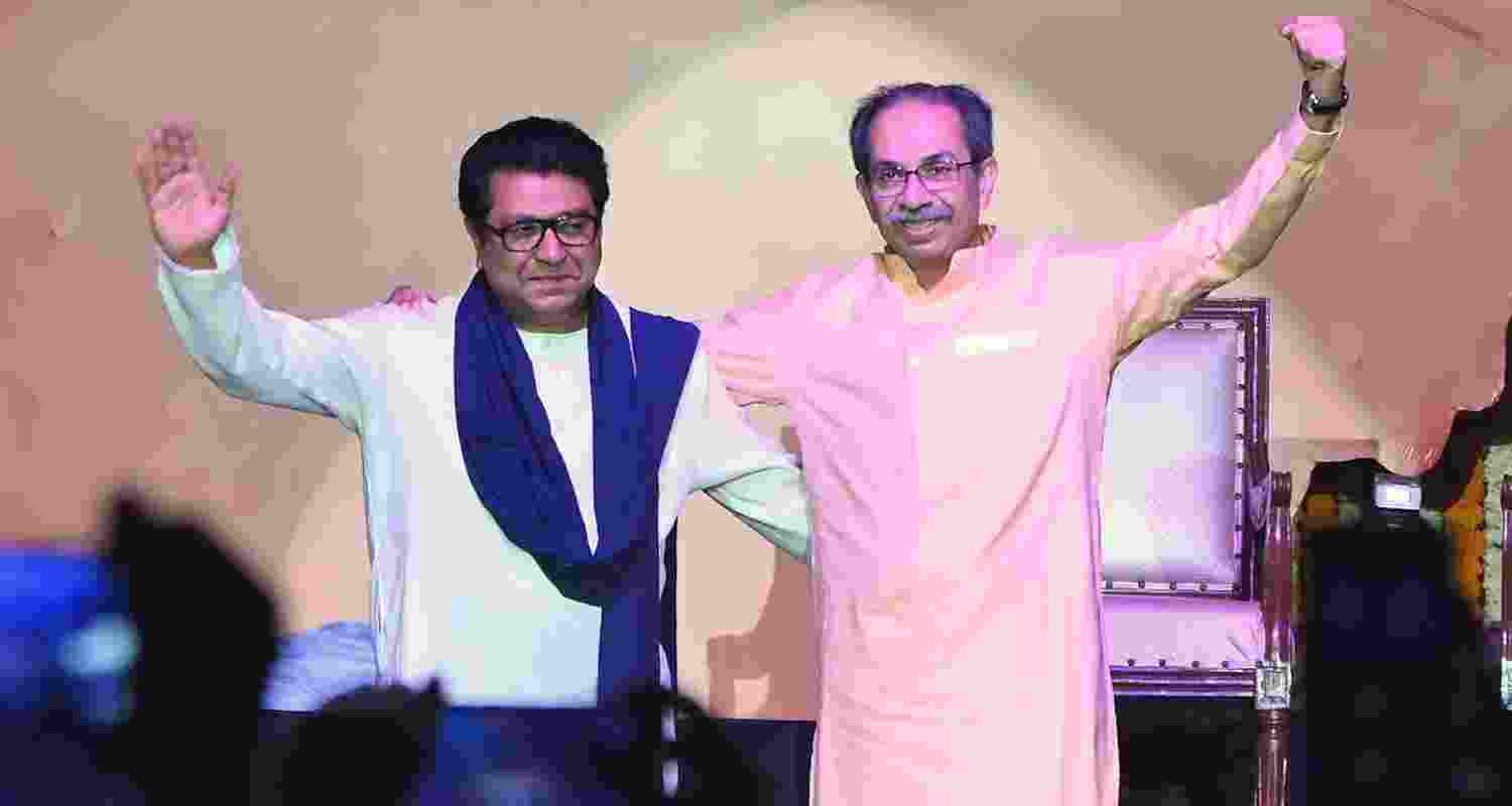 Shiv Sena (UBT) leader Uddhav Thackeray (left) and Maharashtra Navnirman Sena's Raj Thackeray. Shiv Sena (UBT) leader Uddhav Thackeray (left) and Maharashtra Navnirman Sena's Raj Thackeray.