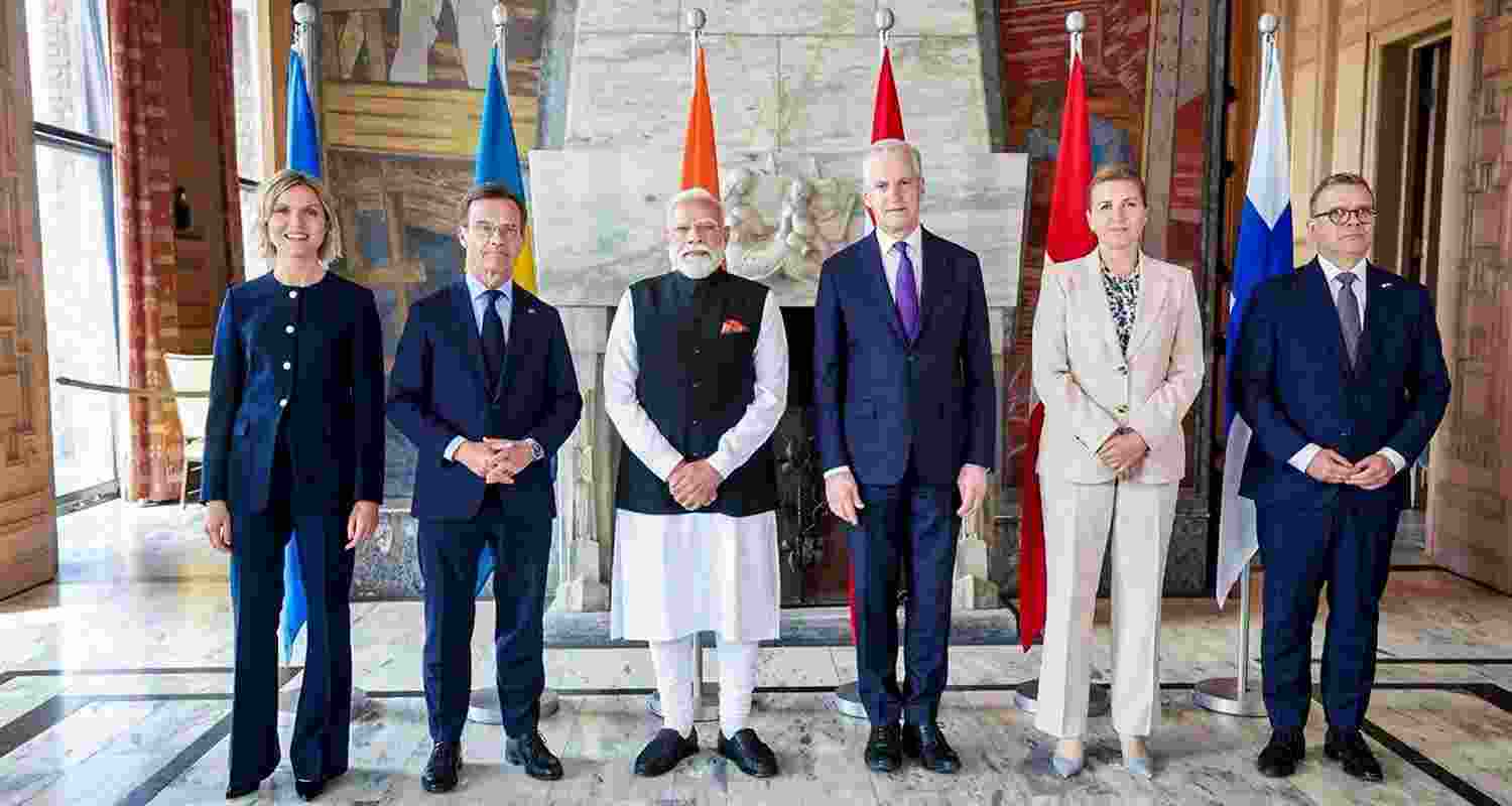 Prime Minister Narendra Modi with Norwegian Prime Minister Jonas Gahr Store, Finnish Prime Minister Petteri Orpo, Swedish Prime Minister Ulf Kristersson, Icelandic Prime Minister Kristrun Frostadottir and Danish Prime Minister Mette Frederiksen during the Nordic-India Summit, in Oslo, Norway.
Prime Minister Narendra Modi with Norwegian Prime Minister Jonas Gahr Store, Finnish Prime Minister Petteri Orpo, Swedish Prime Minister Ulf Kristersson, Icelandic Prime Minister Kristrun Frostadottir and Danish Prime Minister Mette Frederiksen during the Nordic-India Summit, in Oslo, Norway.