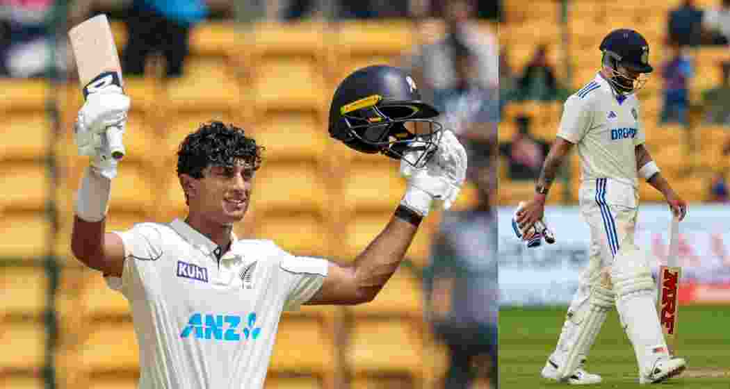 (L-R) New Zealand's batsman Rachin Ravindra celebrates his century and Indian batsman Virat Kohli returns to pavilion after being dismissed by New Zealand's Glenn Phillips during the third day of the first Test between India and New Zealand. (L-R) New Zealand's batsman Rachin Ravindra celebrates his century and Indian batsman Virat Kohli returns to pavilion after being dismissed by New Zealand's Glenn Phillips during the third day of the first Test between India and New Zealand.
