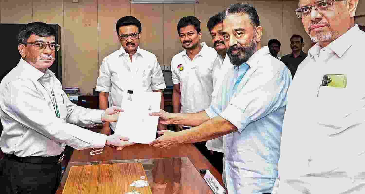 File Photo of Kamal Haasan Filing For Nomination For Rajya Sabha Seat from DMK. File Photo of Kamal Haasan Filing For Nomination For Rajya Sabha Seat from DMK.