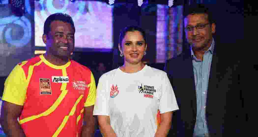 (L-R) Leander Paes, Sania Mirza and Mahesh Bhupati during the Tennis Premier League 2024 auction in Mumbai on September 25, 2024. (L-R) Leander Paes, Sania Mirza and Mahesh Bhupati during the Tennis Premier League 2024 auction in Mumbai on September 25, 2024.