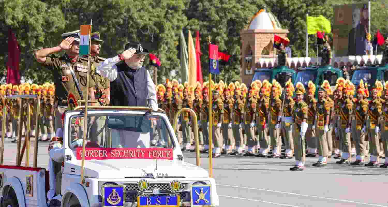 Union Home Minister Amit Shah during the 60th BSF Raising Day in Jodhpur on Sunday. Union Home Minister Amit Shah during the 60th BSF Raising Day in Jodhpur on Sunday.