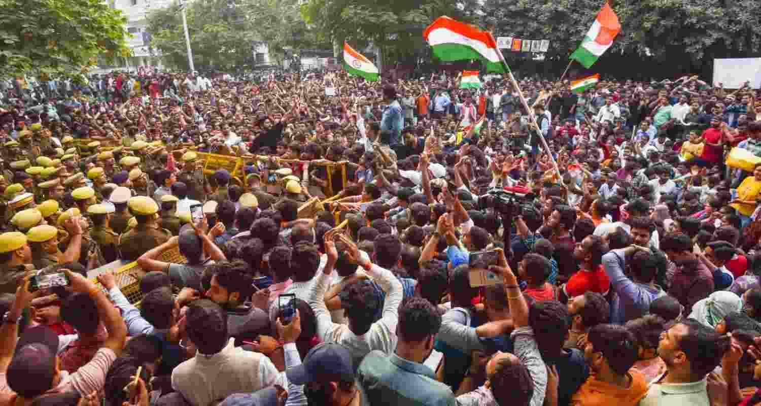 Aspirants stage a protest against the UPPSC, demanding the implementation of 'Single Day, Single Sheet' exams, in Prayagraj, Thursday. Aspirants stage a protest against the UPPSC, demanding the implementation of 'Single Day, Single Sheet' exams, in Prayagraj, Thursday.