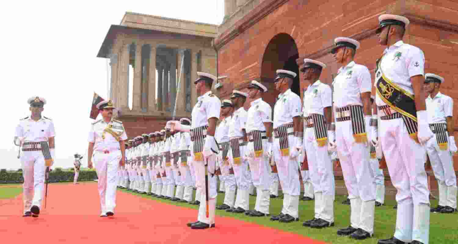 Vice Admiral Sanjay Vatsayan inspects a Guard of Honour outside the South Block before assuming command as Vice Chief of the Indian Navy. Pic: Navy
Vice Admiral Sanjay Vatsayan inspects a Guard of Honour outside the South Block before assuming command as Vice Chief of the Indian Navy. Pic: Navy