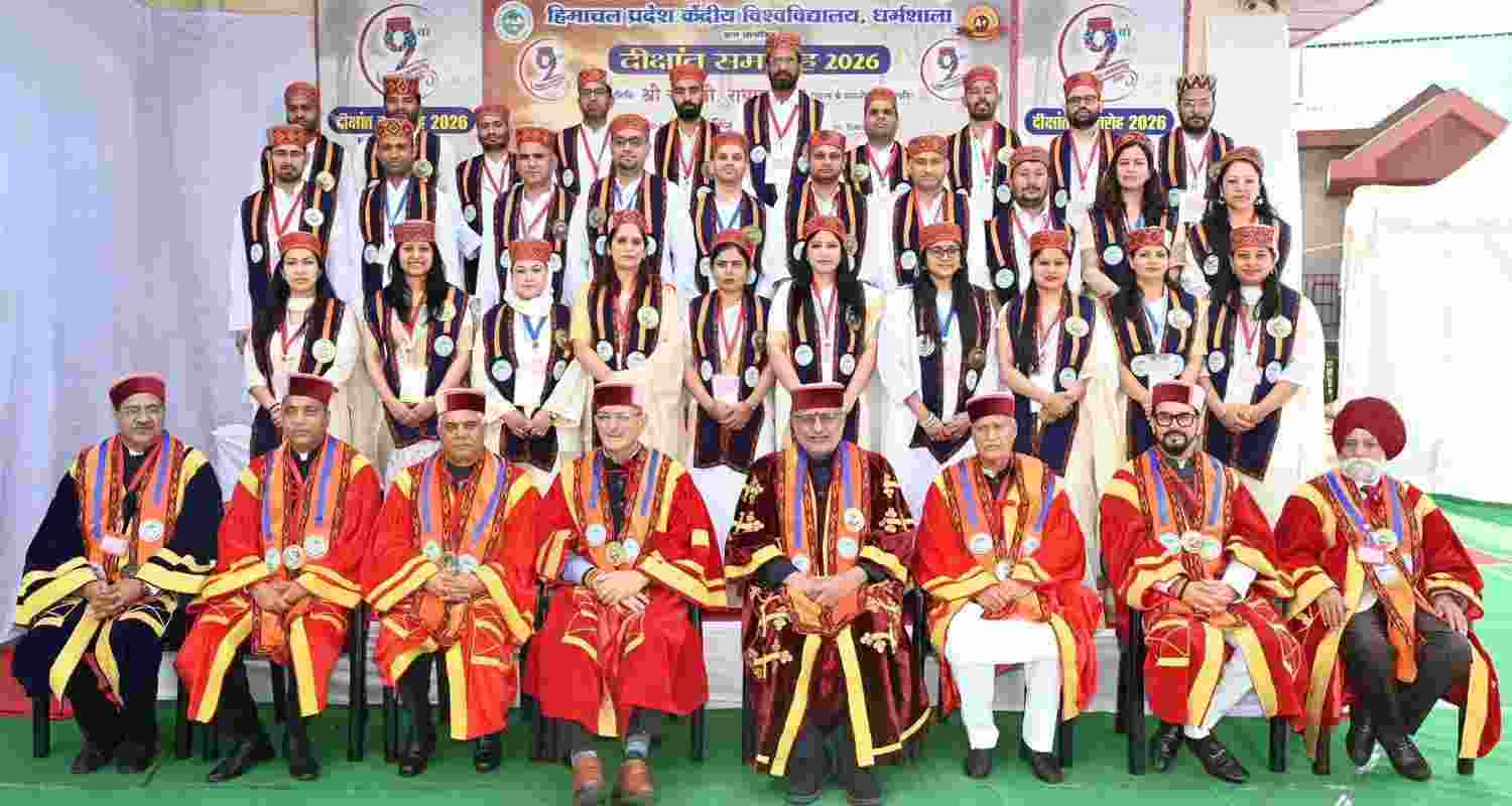 Vice President CP Radhakrishnan along with dignitaries and a student during the convocation in Dharamsala on Saturday. Vice President CP Radhakrishnan along with dignitaries and a student during the convocation in Dharamsala on Saturday.
