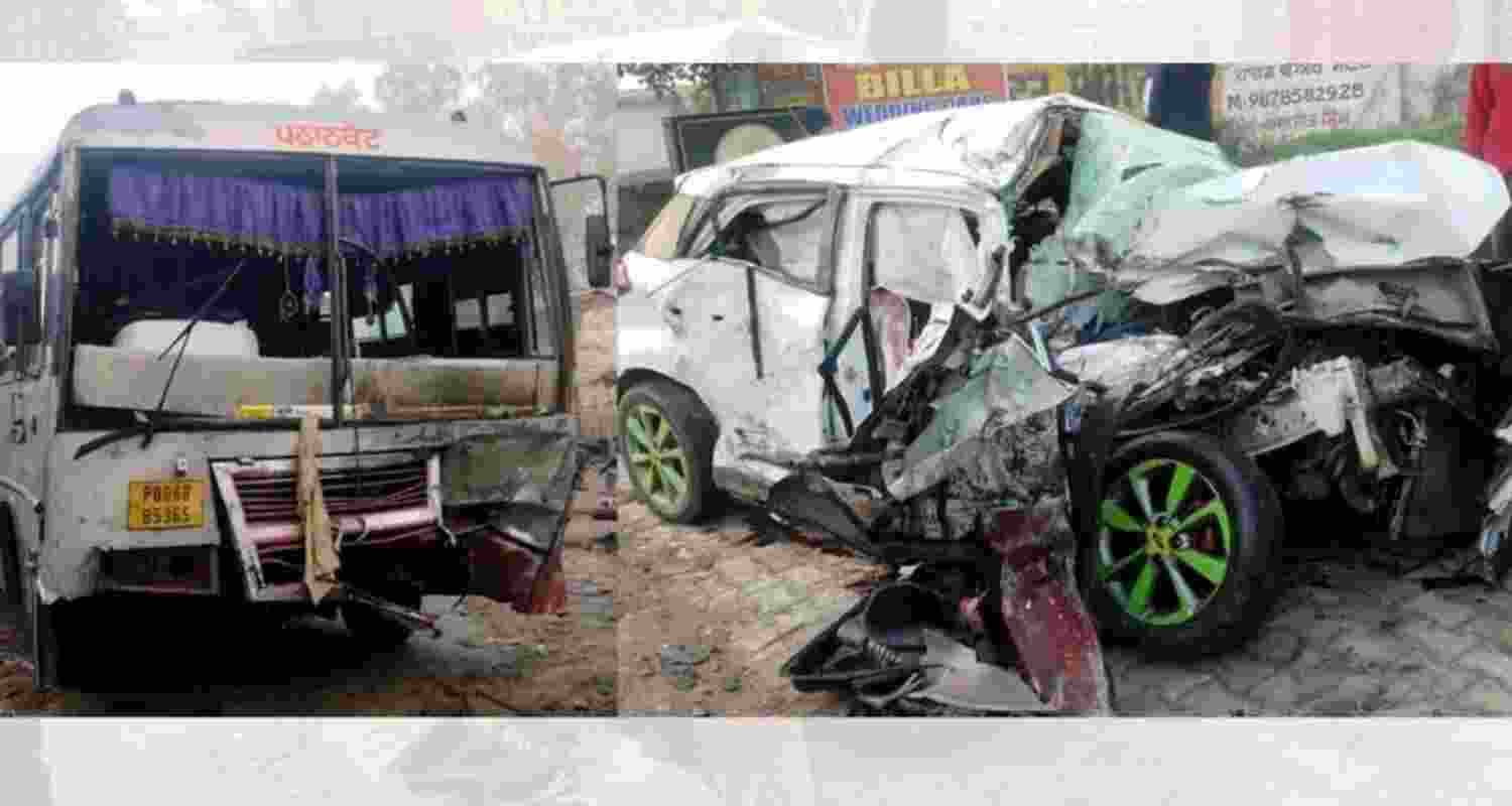 Wreckage of the car after it rammed into a Punjab Roadways bus on the Hoshiarpur–Dasuya road, killing four persons and injuring one, on Saturday morning. Wreckage of the car after it rammed into a Punjab Roadways bus on the Hoshiarpur–Dasuya road, killing four persons and injuring one, on Saturday morning.