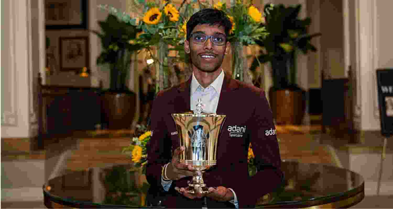 Indian Grandmaster R Praggnanandhaa posing with the trophy. Indian Grandmaster R Praggnanandhaa posing with the trophy.