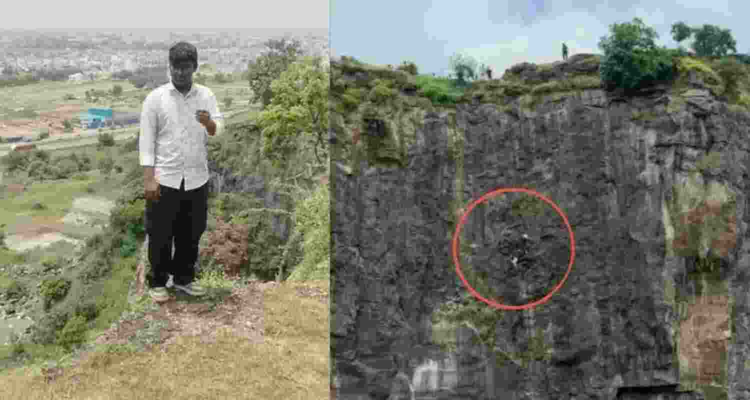 Kunal standing on the edge of a cliff before (right) he leapt from the steep hill and his father also fell while trying to save him. Kunal standing on the edge of a cliff before (right) he leapt from the steep hill and his father also fell while trying to save him.