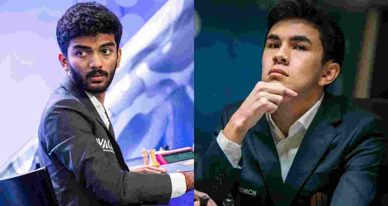 D Gukesh and (right) Javokhir Sindarov. D Gukesh and (right) Javokhir Sindarov.